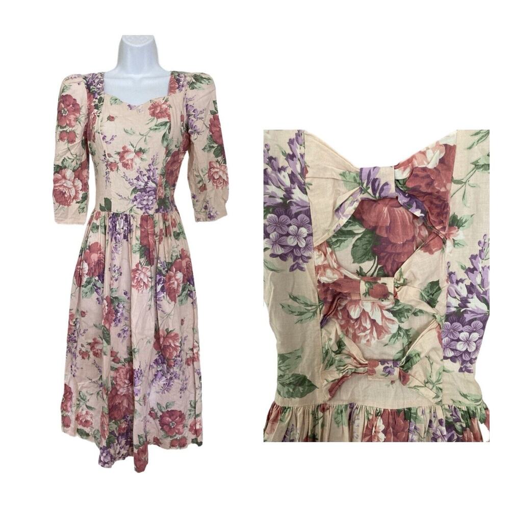 Vintage 80s You Too Babes Floral Cottage Preppy Prairie Coquette Midi Dress XS